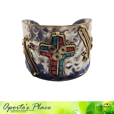 Southwestern Style Cuff Bracelet Silvertone Metal Cross Motif Faux Inlaid Stones