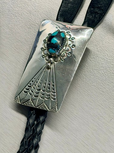 Stunning Vintage Navajo Zack Yazza Sterling Silver Turquoise Bolo Tie ZY Signed