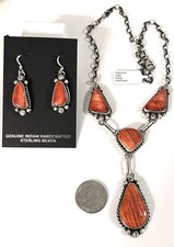 Navajo Handmade Sterling Silver and Orange Spiny Set By Artist Augustine Largo