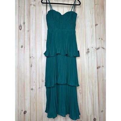 Lulus Cascading Crush Emerald Tiered Bustier Midi Dress Wedding Holiday Large