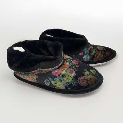 Dear Foam House Slippers Women Size Small Fuzzy Black Floral Hard-Sole