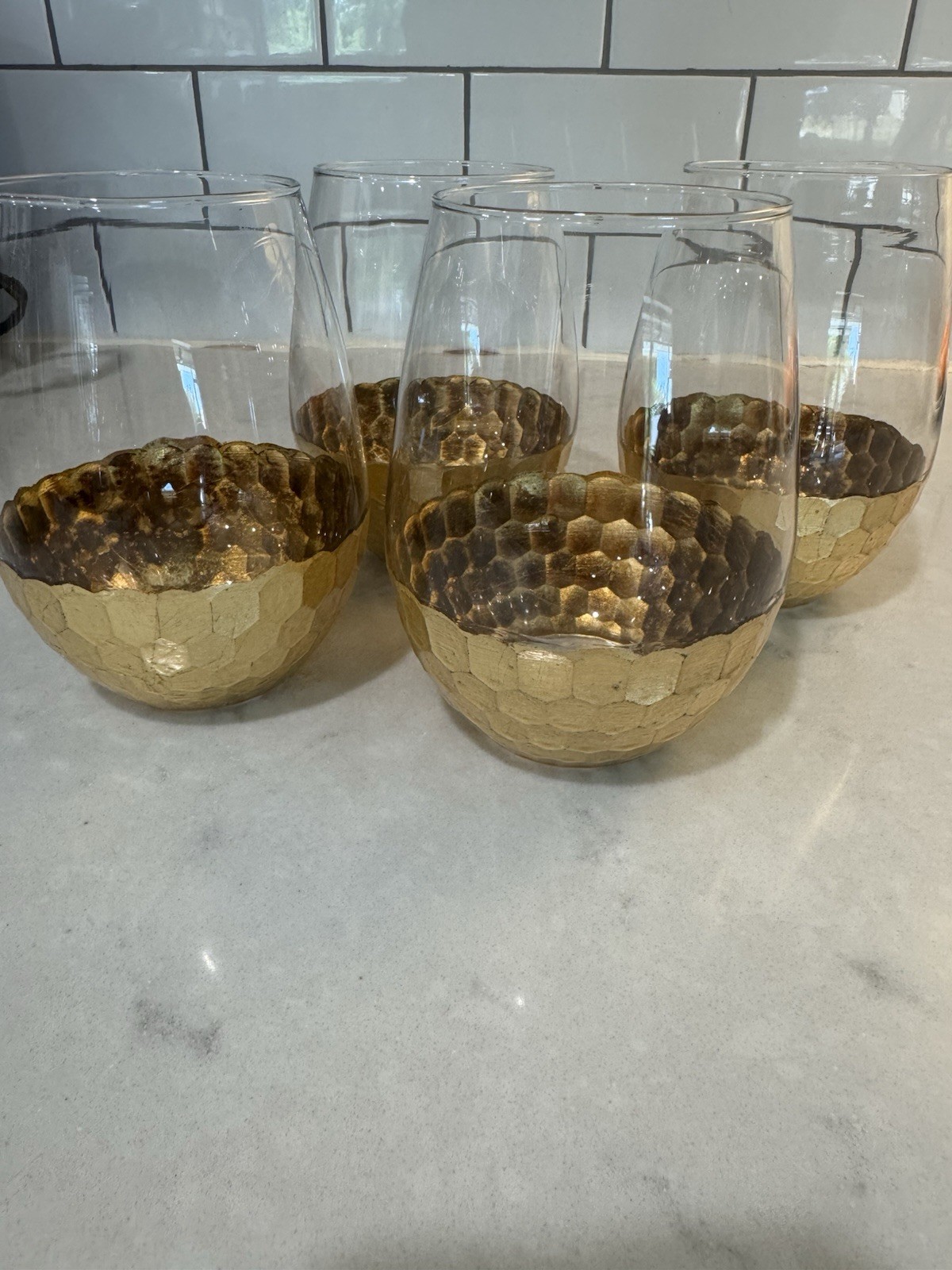 Gold Leaf Stemless Wine Glass (Set Of 4) HONEYCOMB Pattern 5