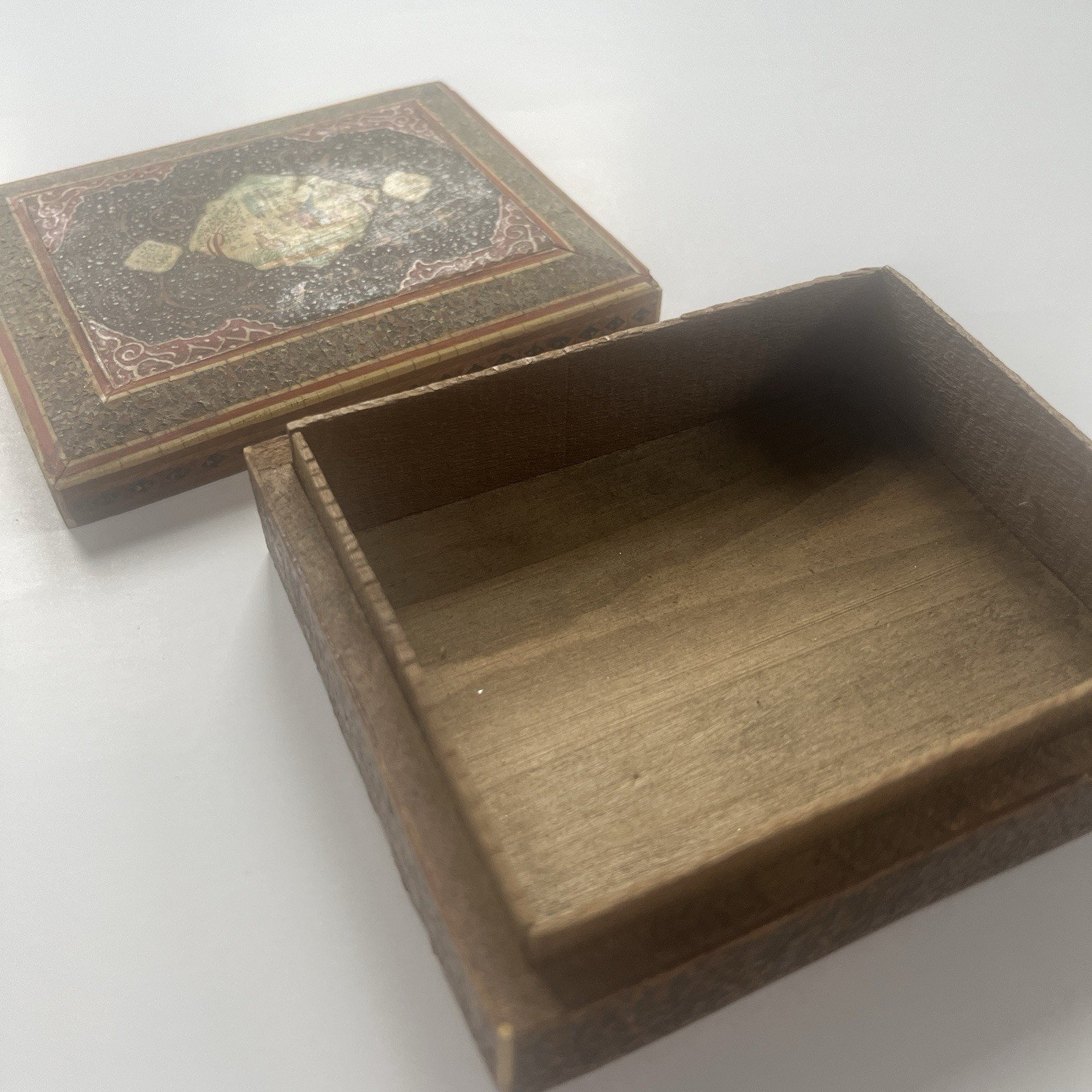 Vintage Persian Khatam Inlaid Micro Mosaic Jewelry box hand Painted 5’’ X 4.5’’