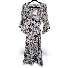 Umgee White Floral Bell Sleeve Wrap Dress Womens L Ruffled Boho Coquette NWT