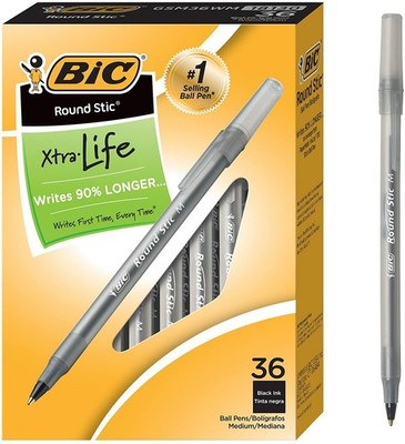 BIC Round Stic Xtra Life Kugelschreiber, Mittlere Spitze (1,0 mm), Schwarz, 36 Stück