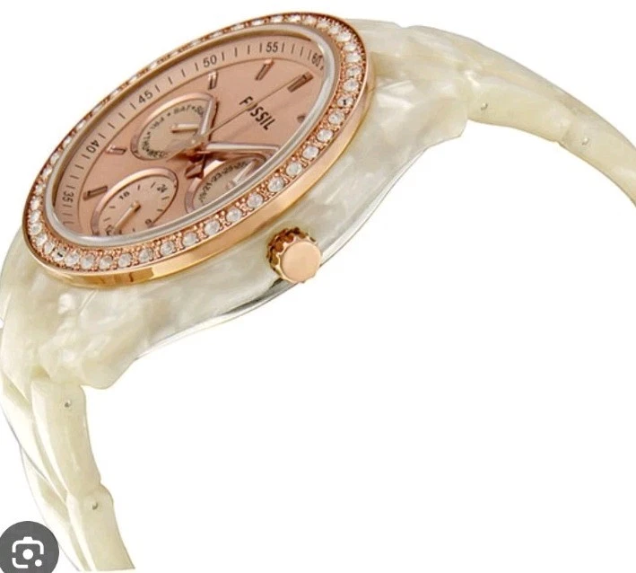 Fossil Stella White Pearlized Resin Ladies Watch Bling Gold Tone - Image 3 of 4