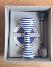 Sagaform Swedish Pottery Handpainted Blue Striped 3 Piece Egg Set Boxed