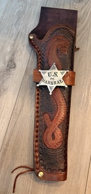US Marshal Badge Revolver R/H Custom Carving Oiled Leather Draw Gun Holster