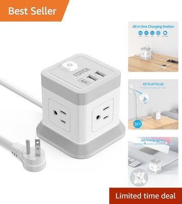 Flat Plug Power Station: 4 AC Outlets, 3 USB Ports, 5FT - Safe & Stylish