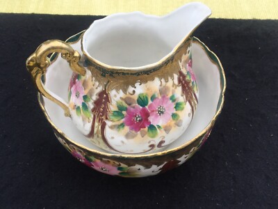 Antiker Krug + Schale, hochvergoldet floral. Doppelankermarke zur Rückseite selten