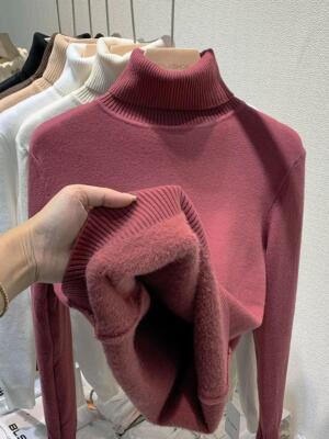 Eleganter Samt gefütterter Rollkragenpullover - dicker warmer Strick für Damen, Slim Fit
