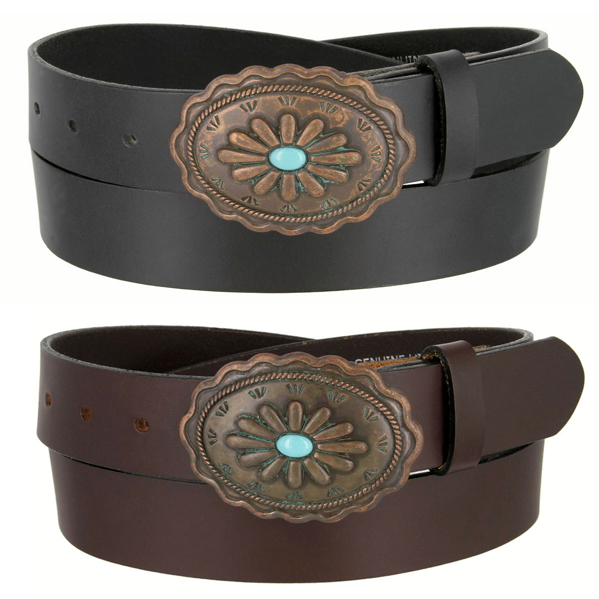 Western Genuine Leather Belt with Turquoise Inlay Flower  display picture 2