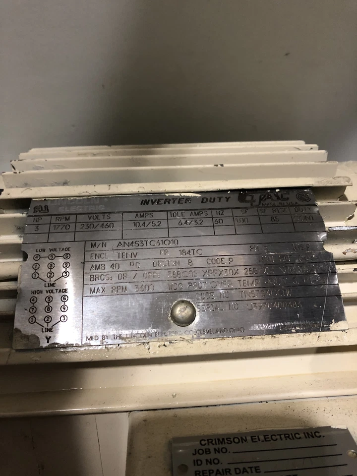 Lincoln Electric AN4S3TC61Q10 Inverter Duty Motor 3HP 1770RPM 3PH 184TC - Image 2 of 4