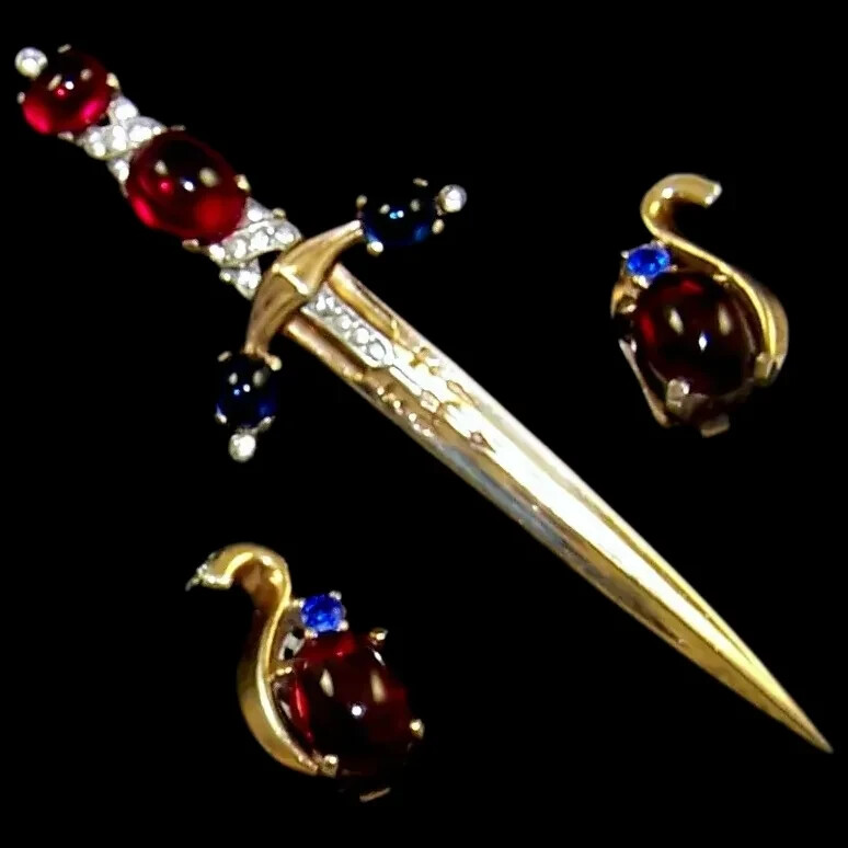 TRIFARI A. Philippe Sterling Ruby & Sapphire Cabochon Sword/Dagger Pin Earrings