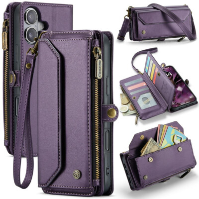Purple iPhone 16 Plus Leather Wallet Case RFID, Card Slots & Cash Bag