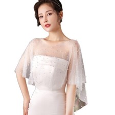 Women Sheer Pleated Wedding Shawl for Rhinestone Pearl White Capelet Shru