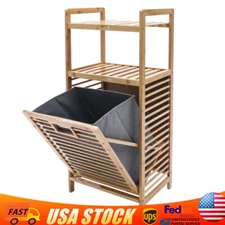 2-tier Shelf Bamboo Bathroom Laundry Hamper Cabinet Tilt Out Basket Storage