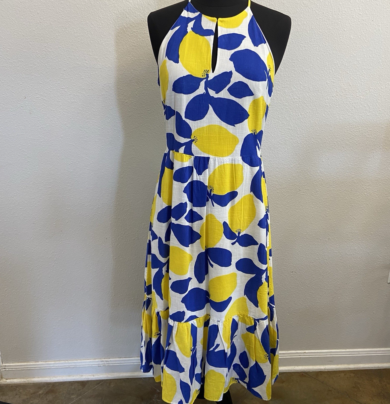Loft Ann Taylor Lemon Print Blue Yellow MIDI Halter Linen Blend Lined Dress Sz 2