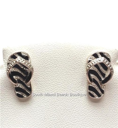 Silver Flip Flop Earrings Hypoallergenic Posts Black Enamel Beach Island Plated - 第 1/8 張圖片