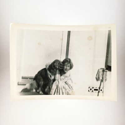 Dog Licking Girls Face Photo 1940s Front Porch Young Woman Mop Snapshot B3095