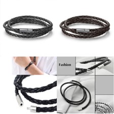 Bracciale Uomo Braccialetto Triplo Giro in Cuoio Donna con Marrone e da Nero