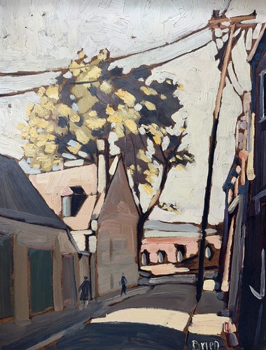 PAUL B BRIEN CANADA MODERNIST IMPRESSIONIST OLD TOWNSCAPE VINTAGE OIL PAINTING - Picture 3 of 24