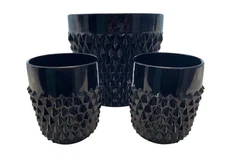 Vintage 3 piece Indiana Tiara Black Glass Diamond Point Ice Bucket & 8oz Glasses