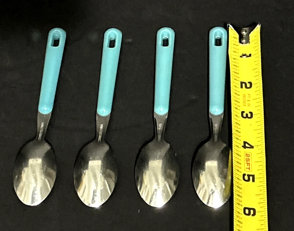 Juego de 4 cucharaditas vintage de acero inoxidable con cómodo mango de plástico azul Foto 3 de 3