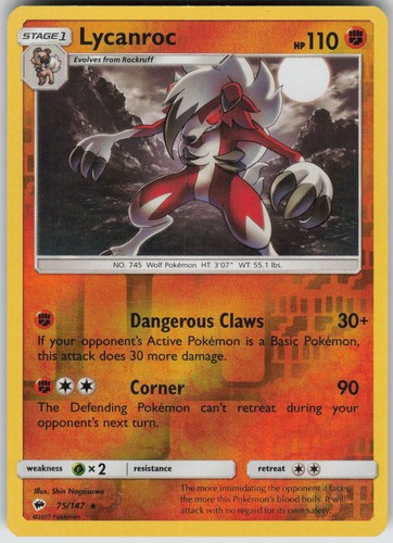 Lycanroc Rare Reverse Holo Burning Shadows NM 75/147