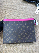 Louis Vuitton Pochette Voyage MM Clutch Bag Monogram Canvas Pink Trim Silver Zip