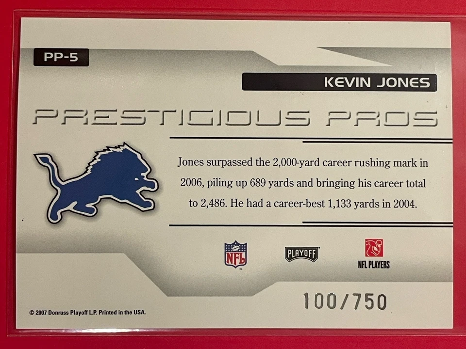 2007 Playoff Prestige Kevin Jones Prestigious Pros Red /750 #PP-5 Football Lions - Image 2 of 3