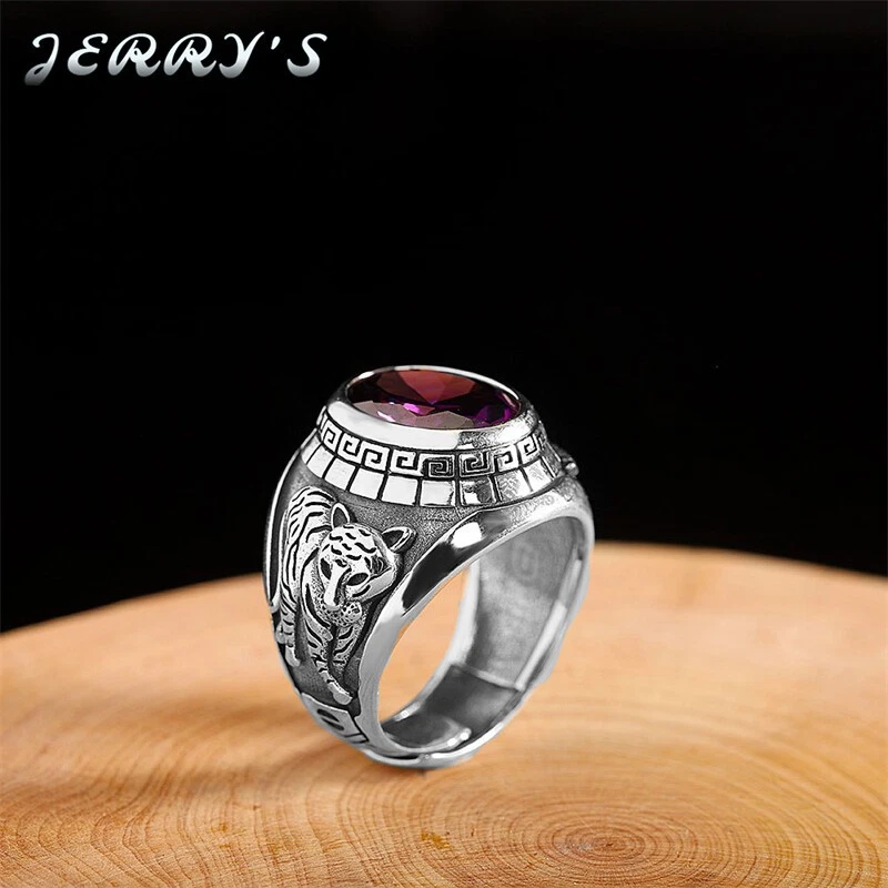 Anillo de plata esterlina 925 real circón púrpura tamaño abierto cúpula banda para hombre vintage Foto 2 de 4