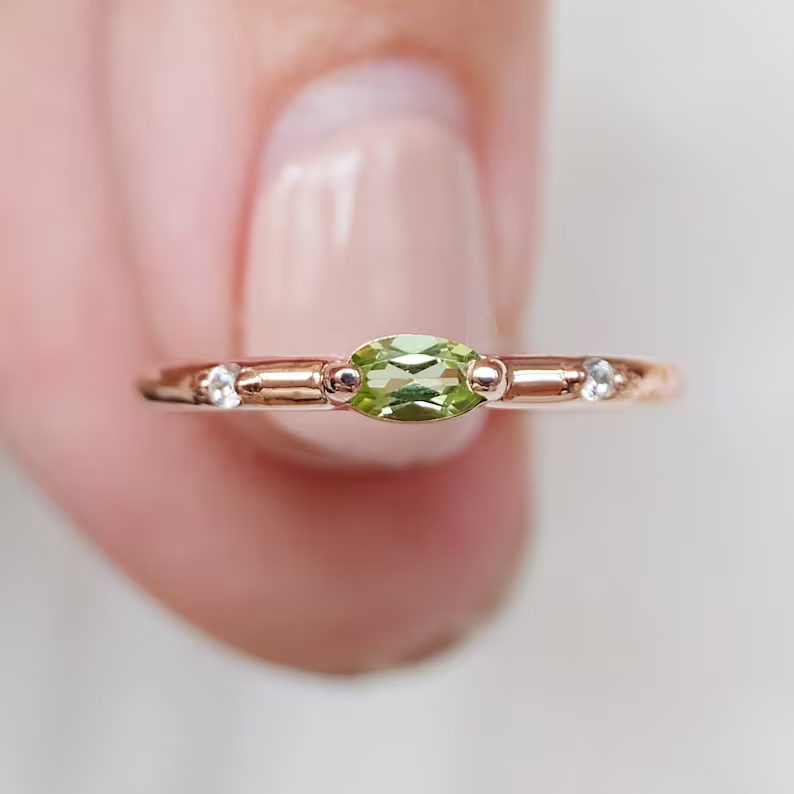 Oval Cut Natural Peridot 14K Rose Gold Plated Silver Minimalist Engagement  Ring