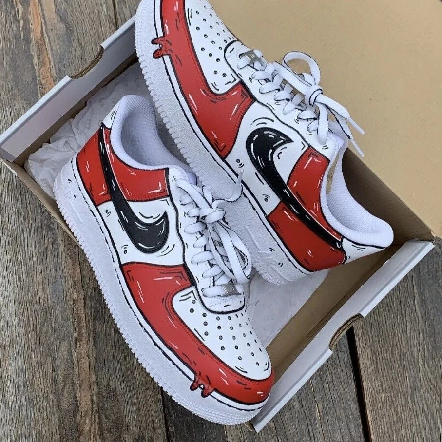 Air Force 1 Custom Shoes Low Cartoon Red Swoosh Black Outline All