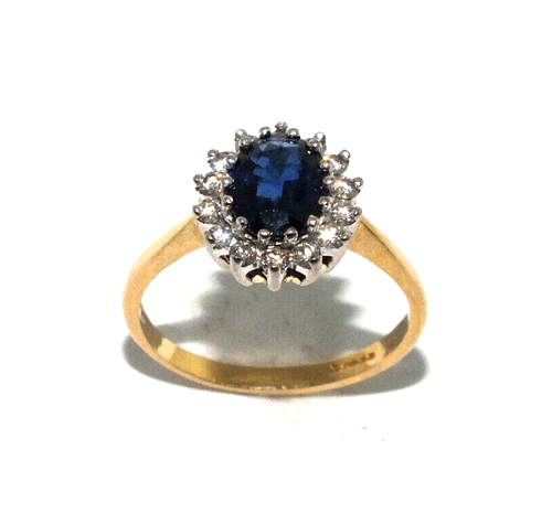 Mujer 18ct Anillo Oro Amarillo Set con Un Zafiro Y Diamantes, Tamaño Ru M1/2