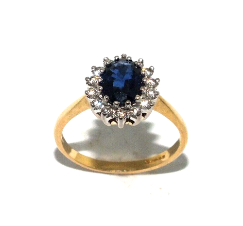 Ladies 18ct yellow gold ring set with a sapphire and diamonds, UK size M1/2 - Picture 1 of 8