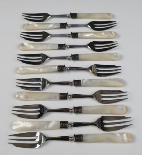 11 Vintage French Silver MOP Dessert Pastry Cake Forks Art Deco Set Silverplate - Picture 1 of 11