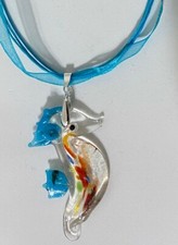 SEAHORSE LAMPWORKED Art GLASS PENDANT Multi Cord NECKLACE Handmade NEW