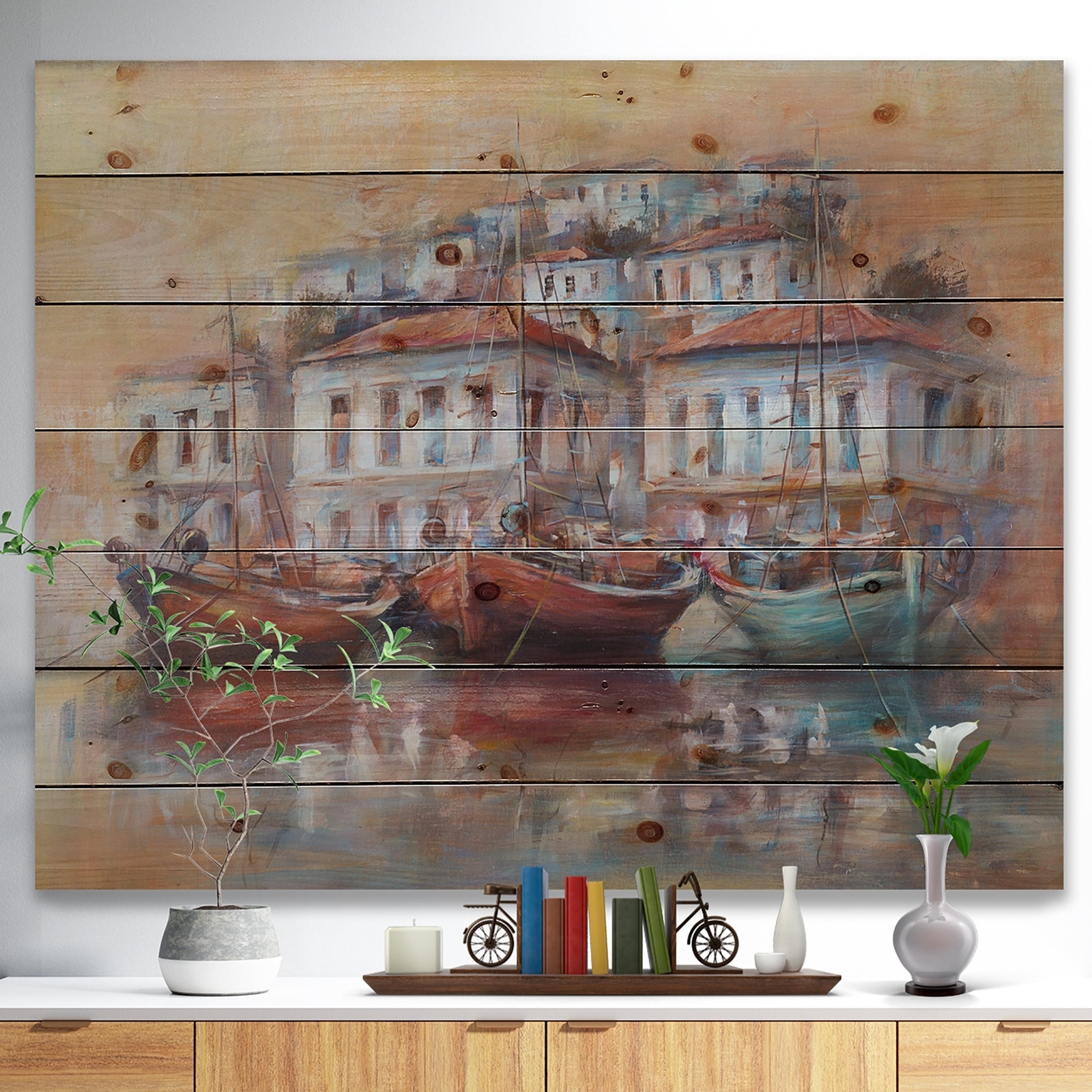 Designart 'Calm Sea with boats in Harbor' Sea & Shore Print  Small