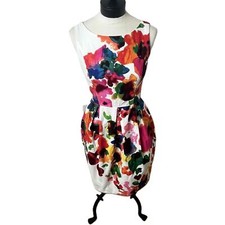 Eliza J Pink Red White Abstract Floral Print Fit & Flare V-Neck Cotton Dress 4