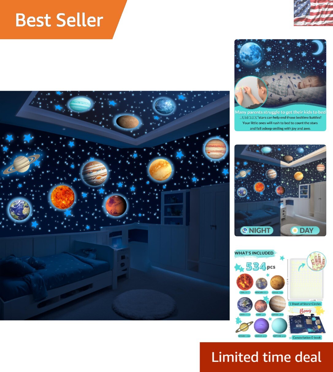Juego de calcomanías de pared celestial - 534 pegatinas de estrellas y planetas que brillan en la oscuridad para niños