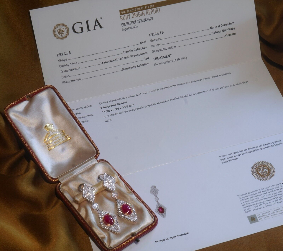 GIA 18K RUBY NO HEAT DIAMOND EARRINGS STAR NATURAL VINTAGE VVS HUGE 19.