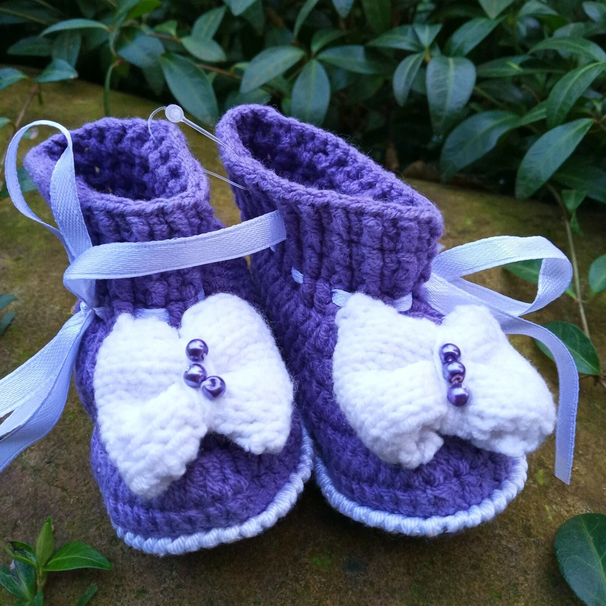 Handmade crochet purple baby booties 6 9 m Baby girl hand crochet shoes with bow