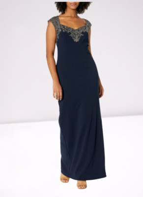 Long Evening Back Slit Dress Adrianna Papell Petite Beaded Dark Blue Size 6 