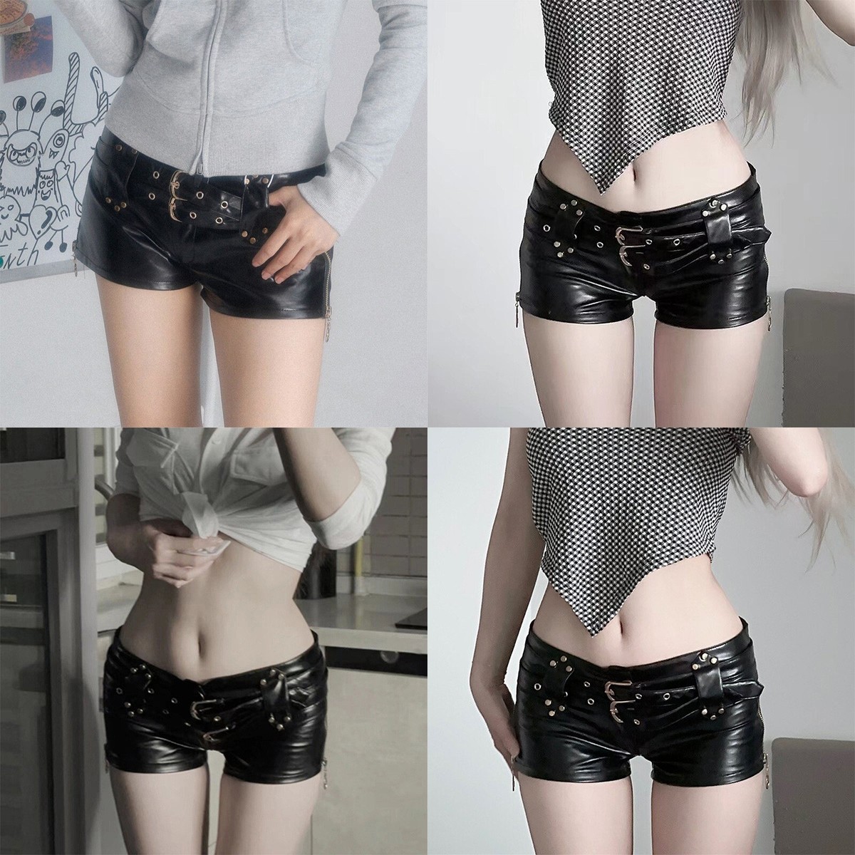 パンツ PERVERZE Washed Leather Flap Shorts Women's Zipper PU Leather Low Rise Hot Pants Booty Shorts