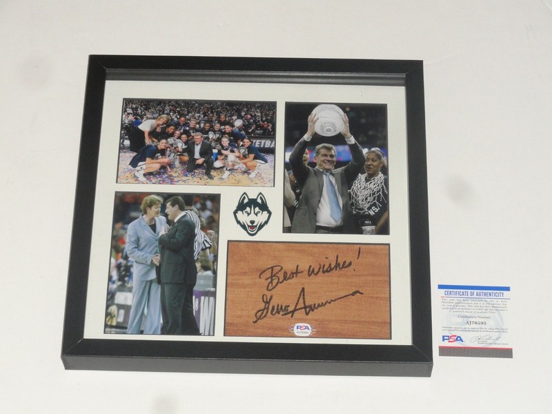 GENO AURIEMMA SIGNED 12X12 FRAMED FLOORBOARD COLLAGE UCONN HUSKIES PSA COA