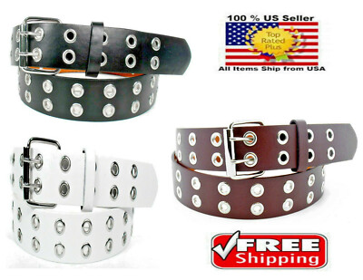 Men Women Unisex 2 Holes Row Grommet Bonded Leather Belt Metal