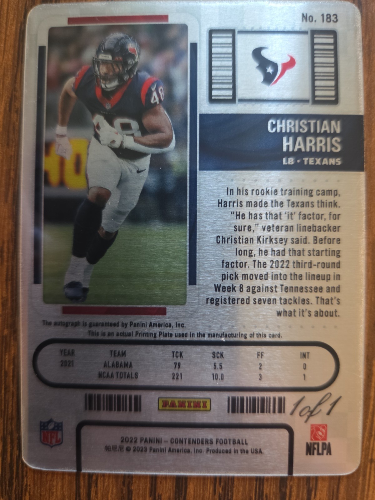2022 Contenders Christian Harris LB RC Auto 1/1 Plate Texas Falcons Alabama view 2