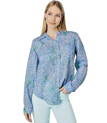 Lilly Pulitzer Sea View Linen Button Down Top Blue Peri Preppy Resortwear XS