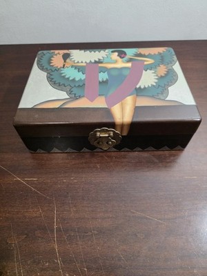 Art Deco style wooden keepsake or jewelry box Hand Painted Vintage
